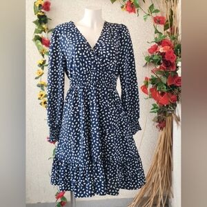 Navy Blue Printed V-Neck Ruffle Hem Dress